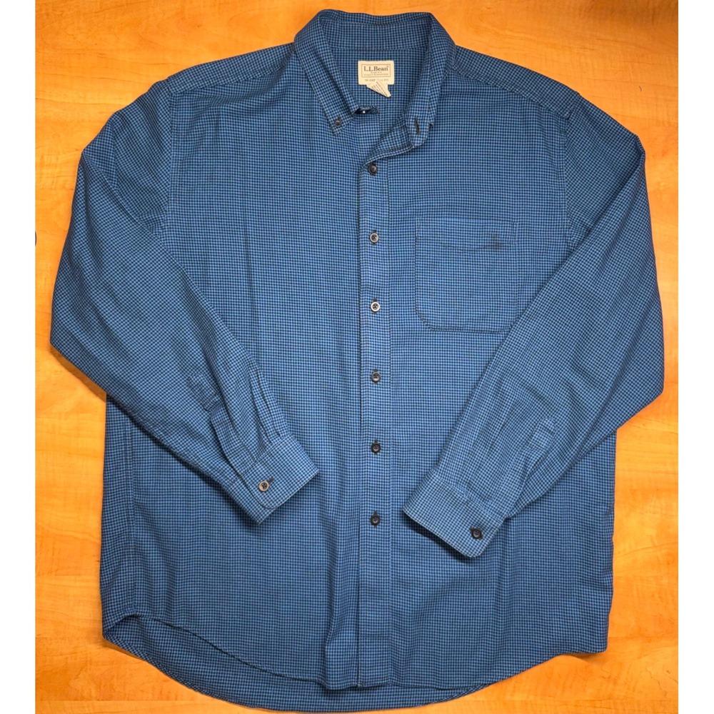 LL Bean Mens Blue Houndstooth Cotton Button Down Shirt Traditional Fit L-REG
